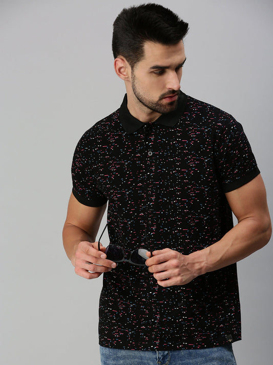 Black Printed Regular Fit Polo T-shirt