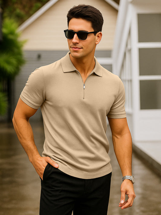 Beige Pique Plain Regular Fit Zipper Polo T-shirt