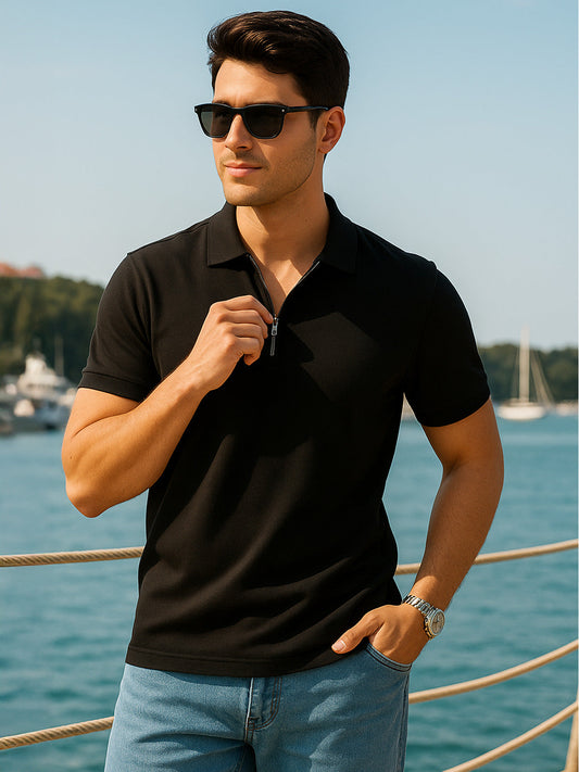 Black Pique Plain Regular Fit Zipper Polo T-shirt