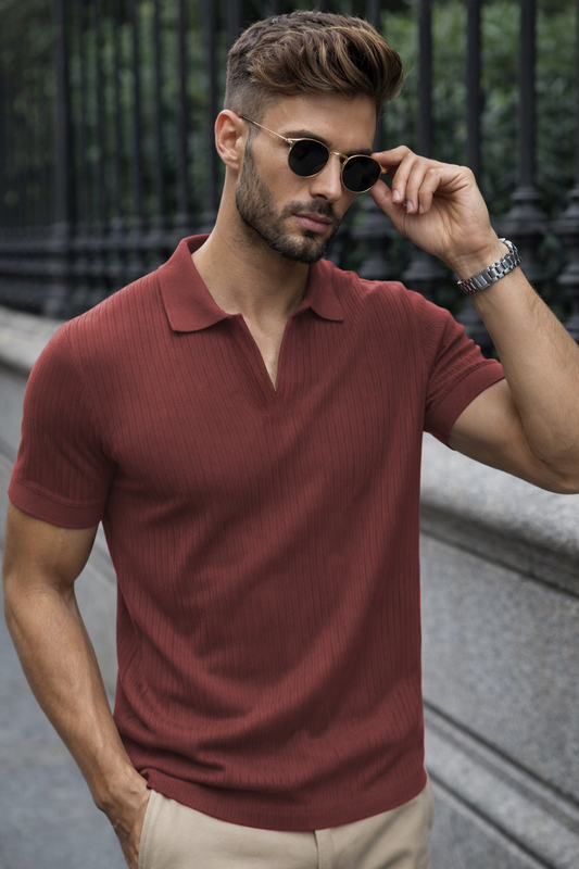 Dark Peach Ribknit Ribbed Plain Regular Fit Polo T-shirt
