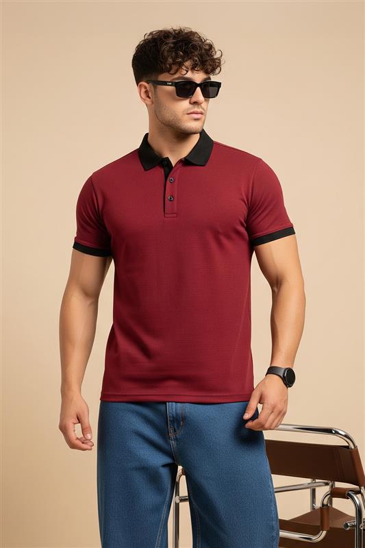 Maroon Black Cotton Regular Fit Polo T-shirt
