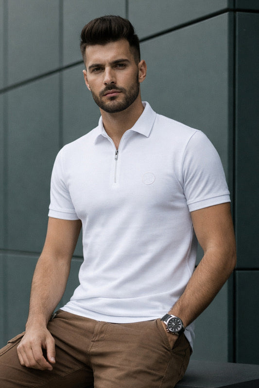 White Interlock Plain Regular Fit Zipper Polo T-shirt