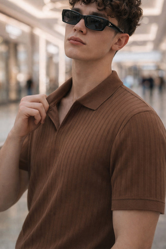 Dust Brown Ribknit Ribbed Plain Regular Fit Polo T-shirt