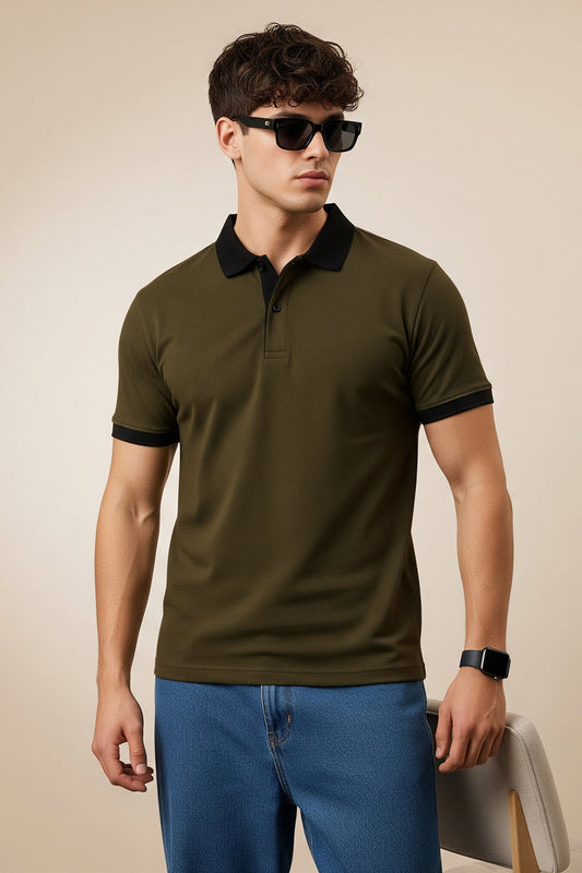 Olive Black Cotton Regular Fit Polo T-shirt