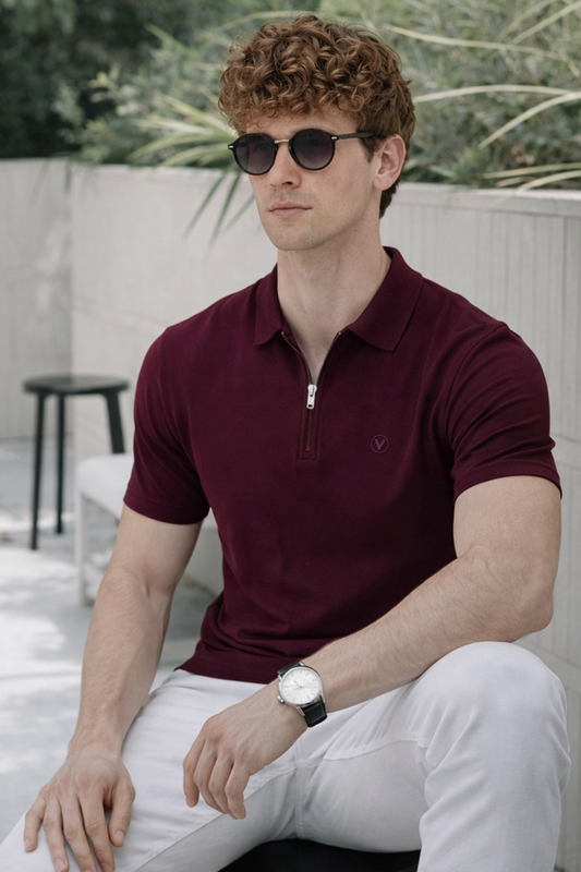 Burgundy Interlock Plain Regular Fit Zipper Polo T-shirt