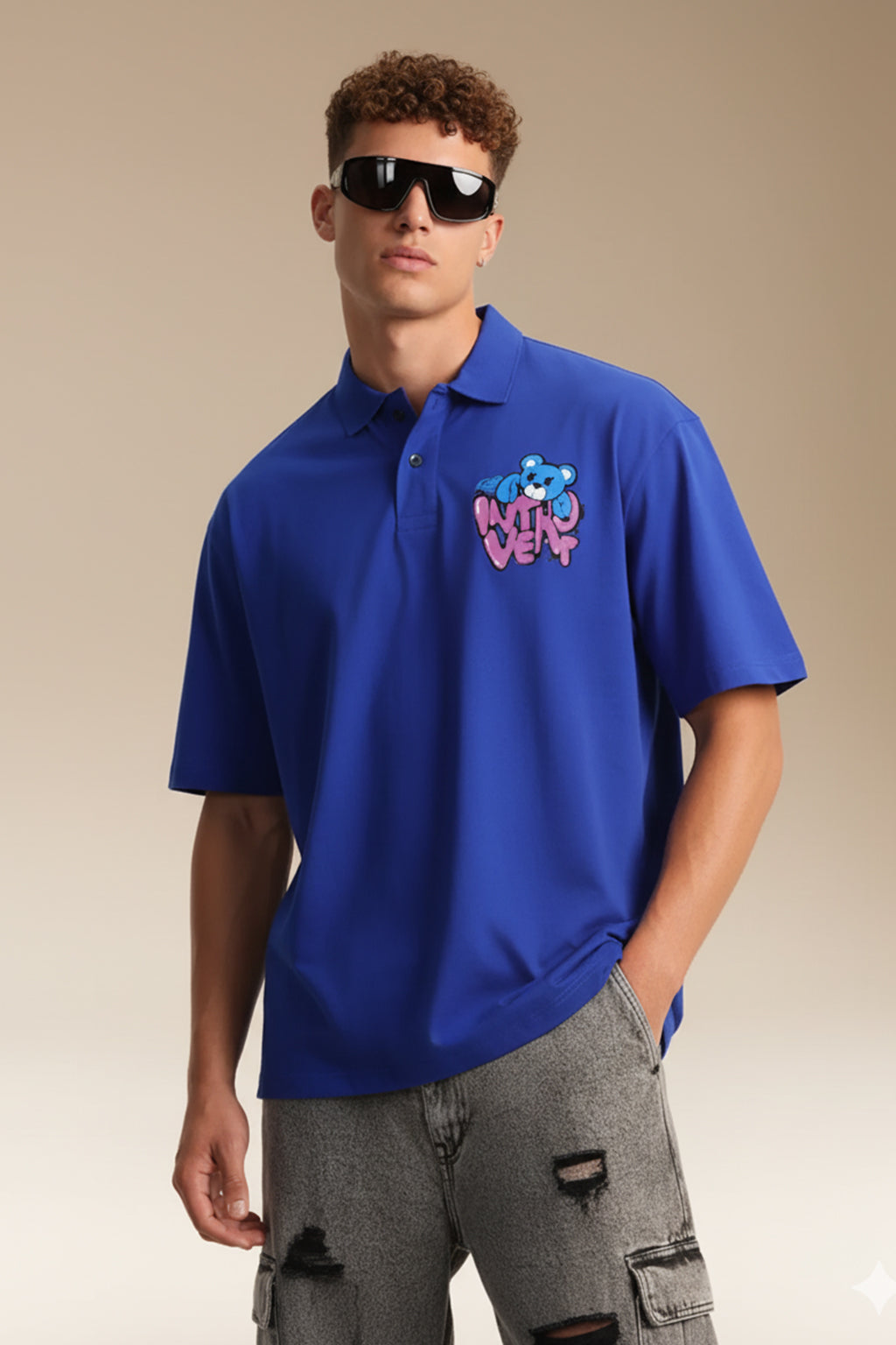 Introvert Blue Oversized Polo T-shirt