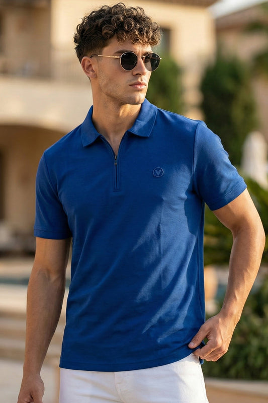 Navy Interlock Plain Regular Fit Zipper Polo T-shirt