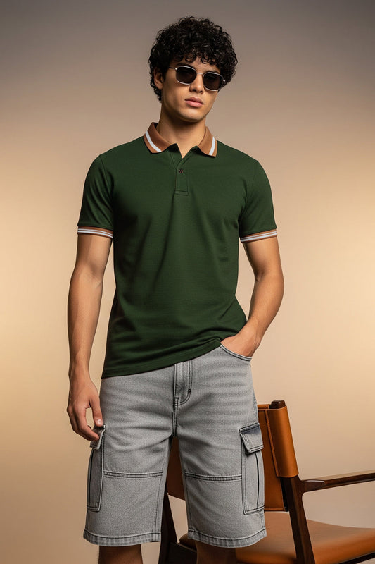 Olive Plain Regular Slim Fit Polo T-shirt