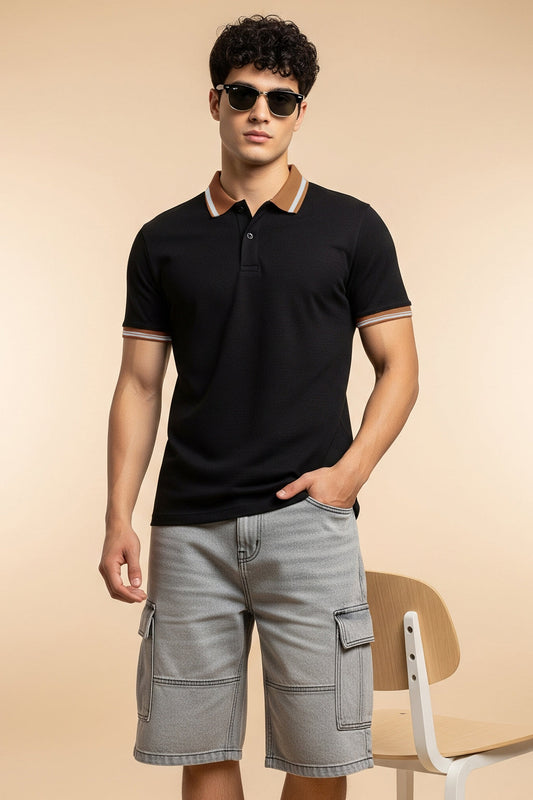 Black Brown Plain Regular Slim Fit Polo T-shirt