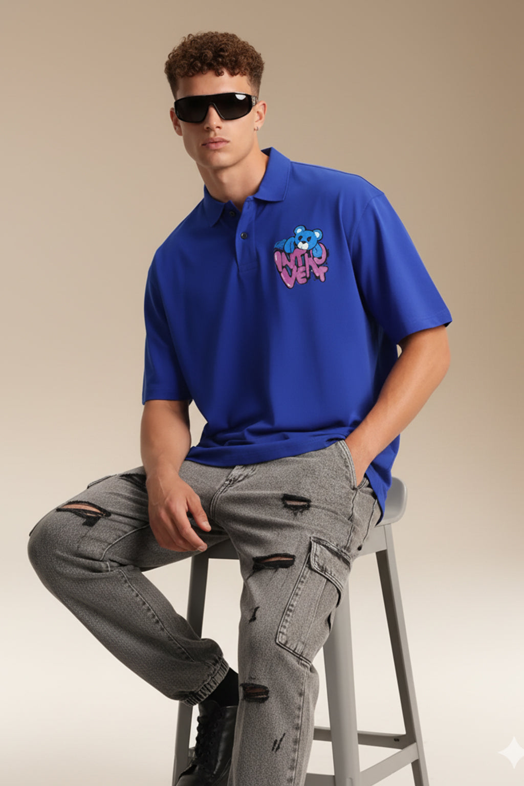 Introvert Blue Oversized Polo T-shirt