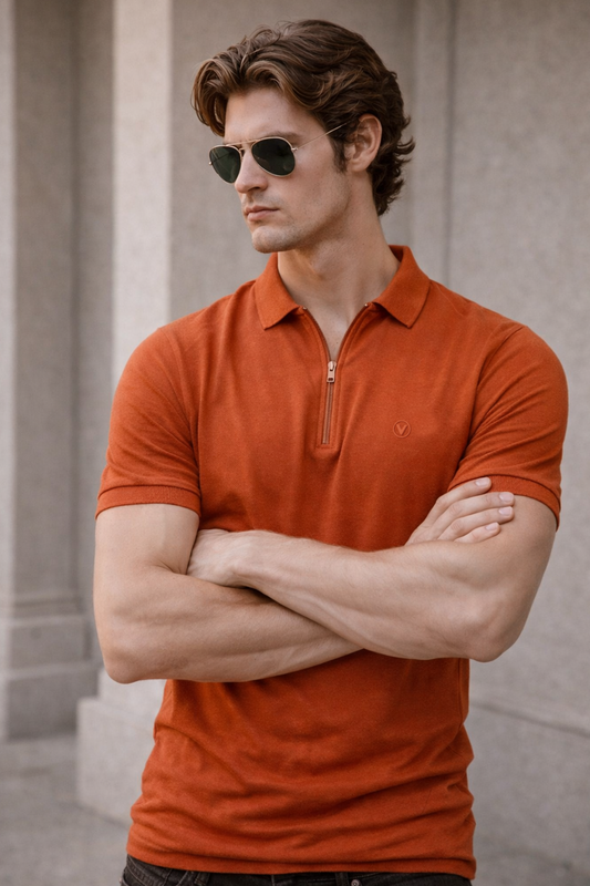 Orange Interlock Plain Regular Fit Zipper Polo T-shirt