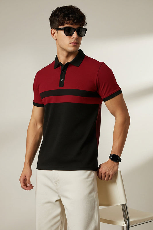 Black Maroon Colorblock Printed Regular Fit  Polo T-shirt