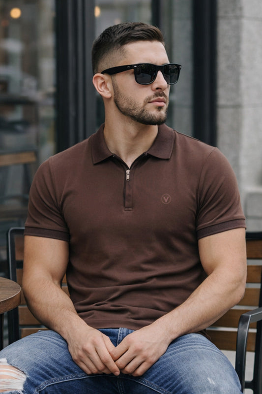 Browm Interlock Plain Regular Fit Zipper Polo T-shirt