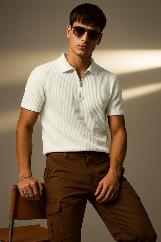 White Textured Plain Regular Fit Zipper Polo T-shirt