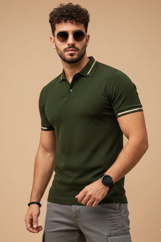 Olive Pique Stripe Collar Regular Fit Tipping Polo T-shirt