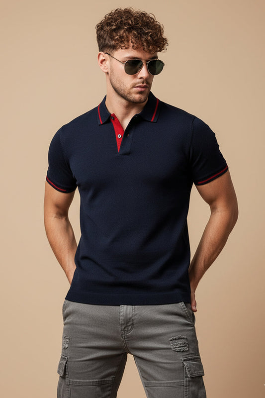 Navy Pique Stripe Collar Regular Fit Tipping Polo T-shirt