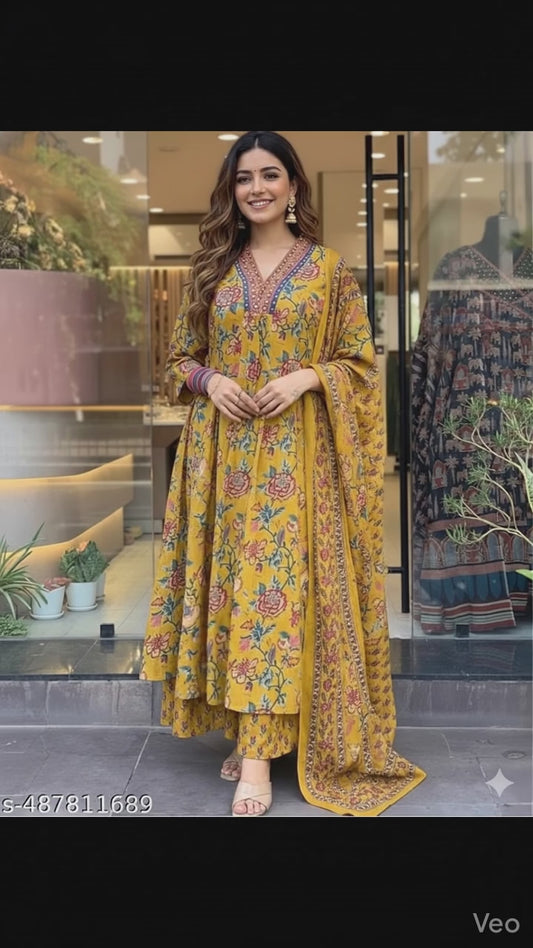 Premium Yellow Floral Anarkali Kurta Set with Dupatta
